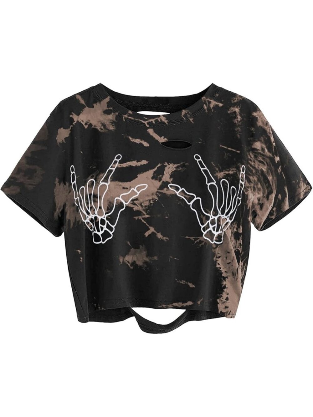 Women's Tie Dye Brown Skull Finger Graphic Distressed Ripped Crop Top Tee Shirt